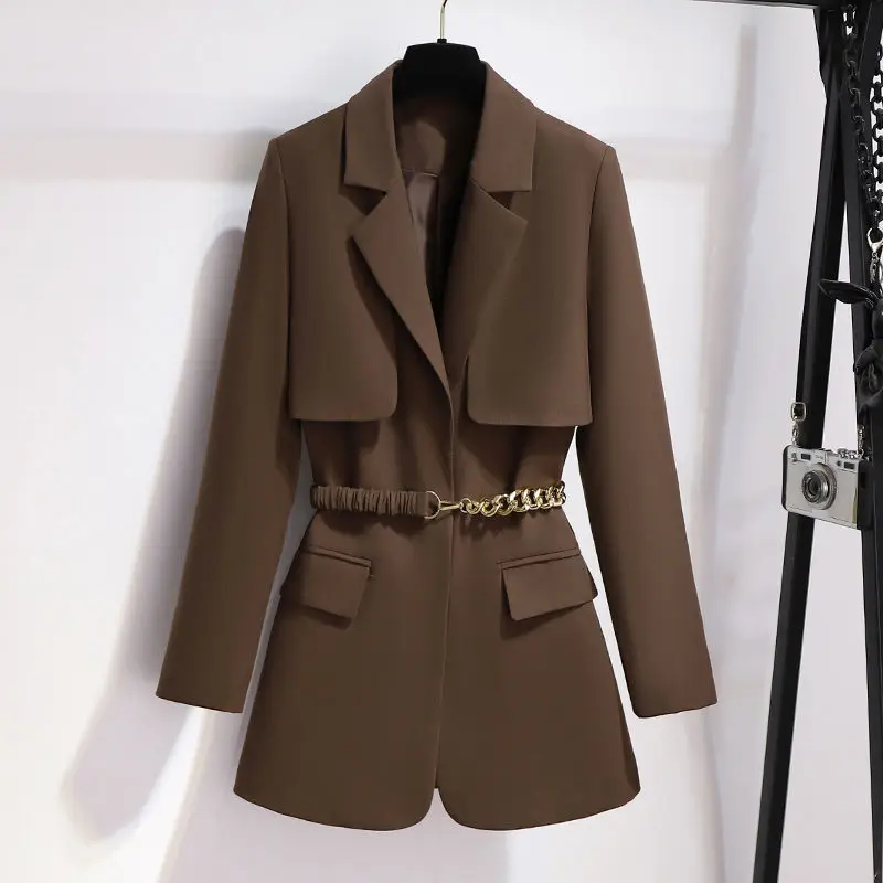 Fashion New Women's Autumn Suit Jacket Casual Solid Color Belt Chain Pocket Decoration Jacket Women's Clothing Coats