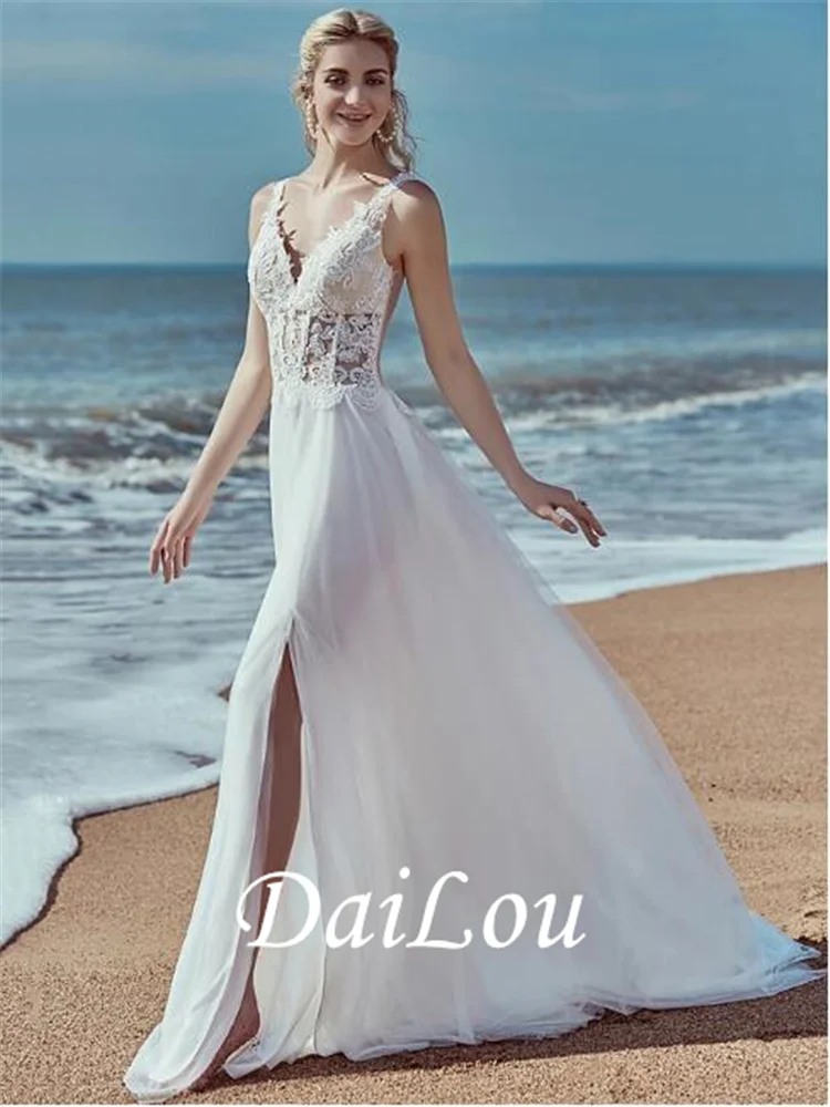 Robe de mariée ligne a, col en V, balayage/brosse, traîne, dentelle, Tulle, bretelles régulières, plage, transparente, dos nu, 2021