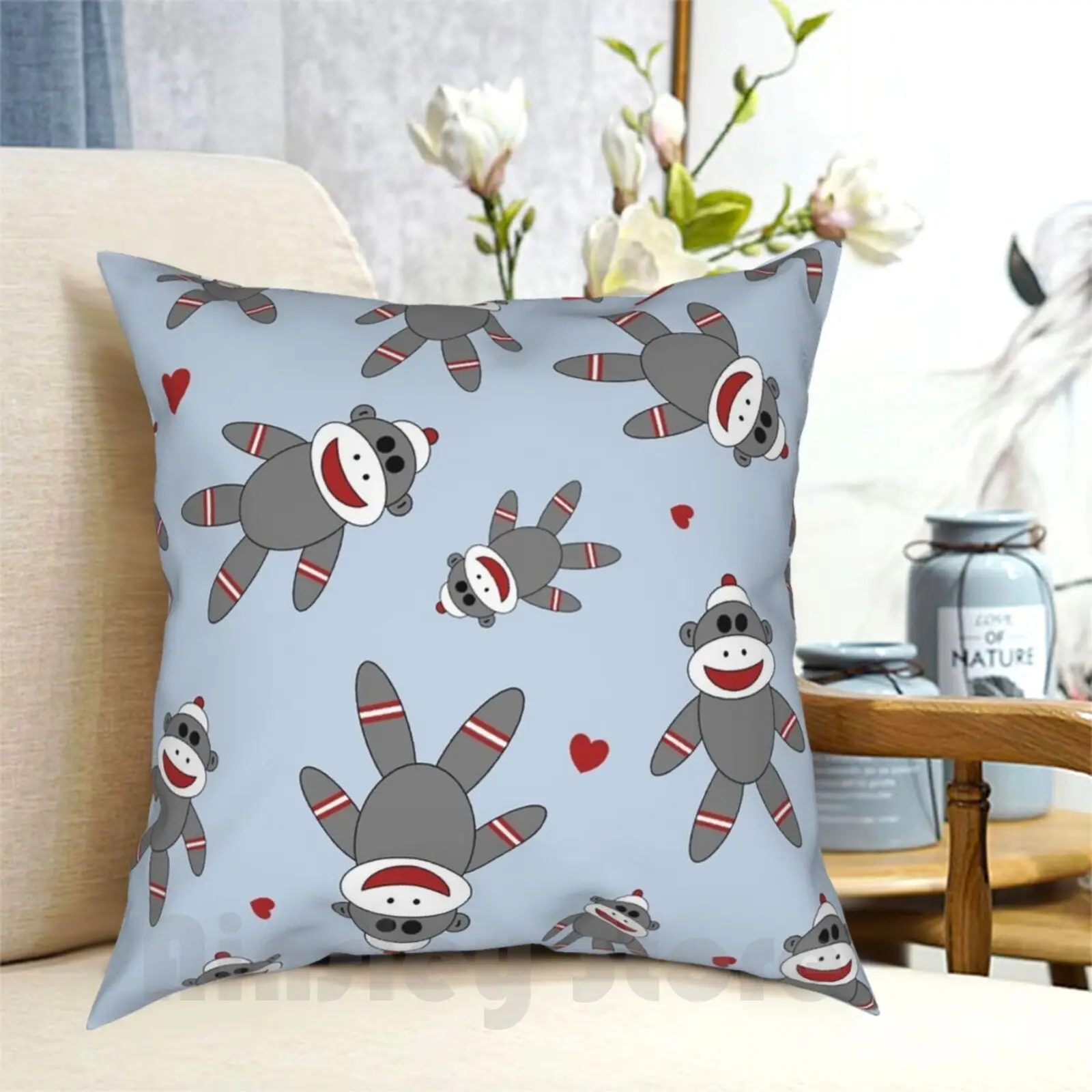 Cute Sock Monkey Pattern On Blue Pillow Case Printed Home Soft DIY Pillow cover Sock Monkey Cute Toy Stuffie Kids Child