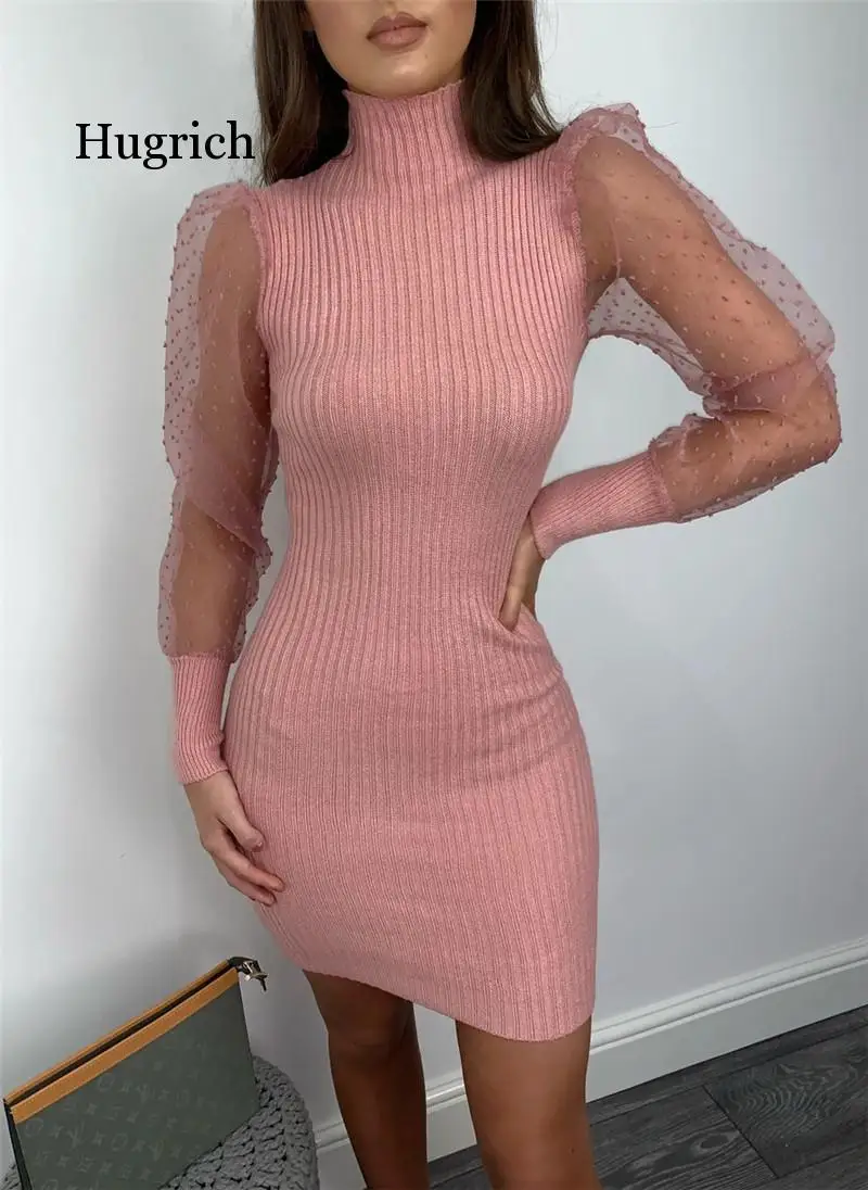 Fashion Women Bodycon Mini Dess Elegant Mesh Sheer Long Sleeve Slim Stretch Ladies Dresses Party Club Dames Vestidos Streetwear