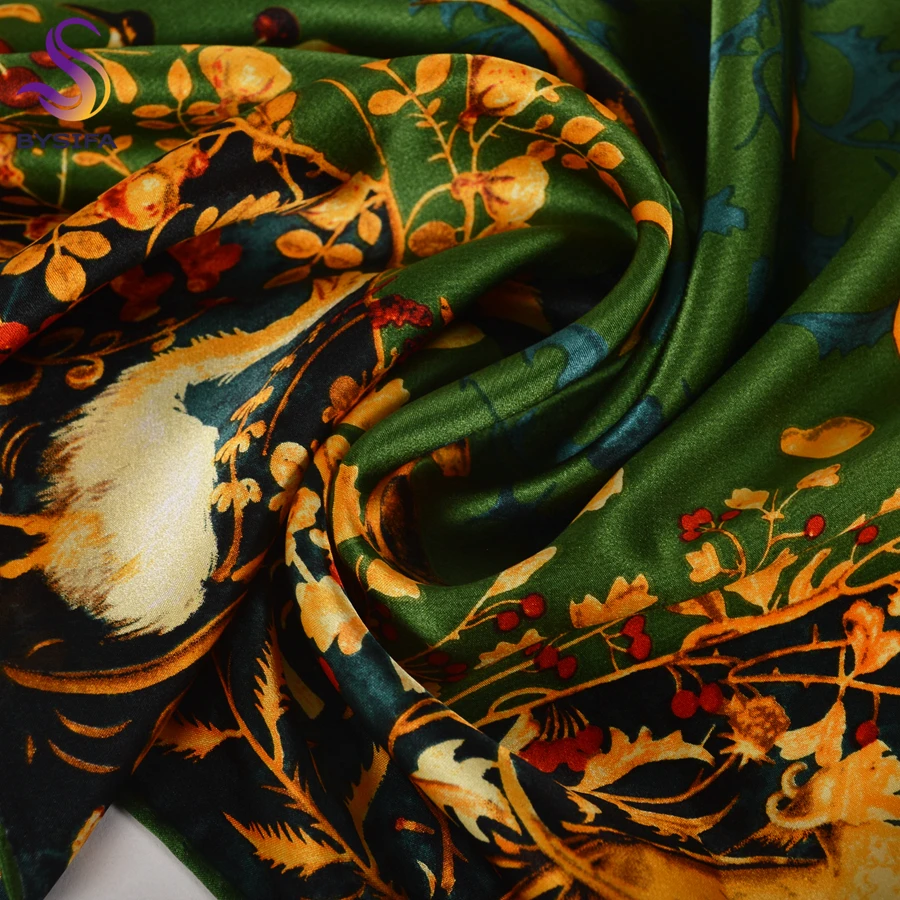 BYSIFA|Winter Gold Green Natural Pure Silk Scarf Shawl Fashion Floral Design Scarves Hijabs Brand Accessories Scarf Cape 110*110