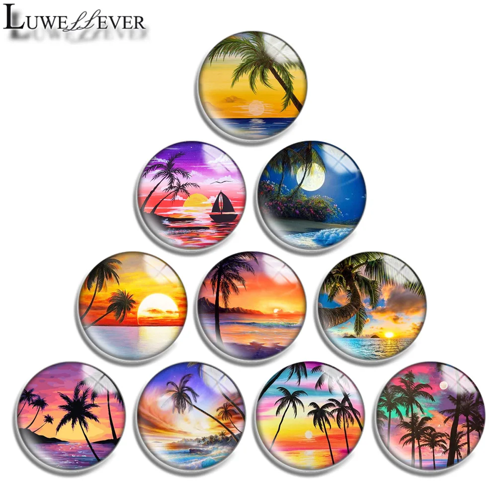 12mm 14mm 16mm 20mm 25mm 30mm 706 Beach Coconut Tree Mix Round Glass Cabochon Jewelry Finding 18mm Snap Button Charm Bracelet