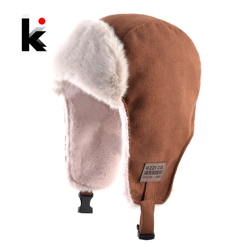 Bomber Hat With Earmuffs Faux Leather Trapper Earflap Hats Women Russia Winter Outdoor Windproof Snow Cap Men Faux Fur Warm Hat