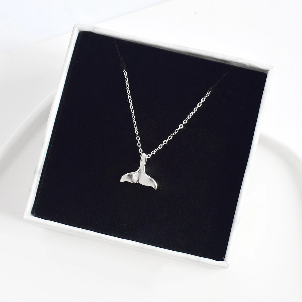 LKO Real 925 Streling Silver 100% Fashion Whale Tail Charm Ladies Necklace Simple Mermaid Tail Clavicle Pendant Birthday Gifts