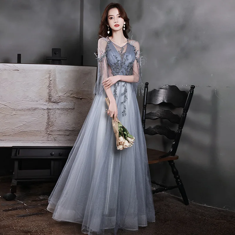 Exquisite Feather Soiree Prom Dress Grace Women O-neck Tassel Tulle Evening Party Gown Floor Length Beading Bodice Vestidos