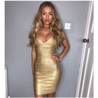 Women Gold Bronzing Bandage Dress Bodycon Mini Sleeveless V Neck Summer High Street Going Out Night Club Evening Dresses
