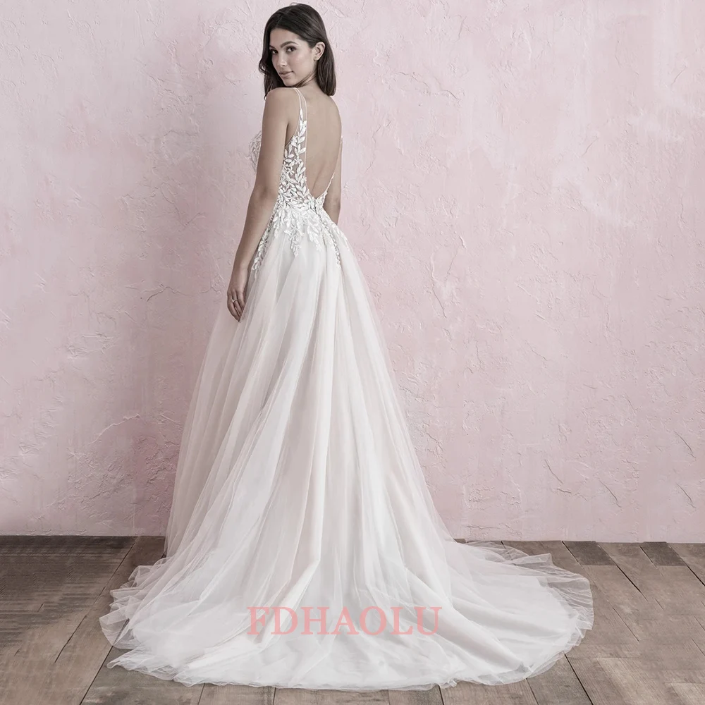 FUHAOLU FU29 – robe de mariée élégante en Tulle, grande taille, col en v, ligne a, manches en dentelle, dos nu, style Boho