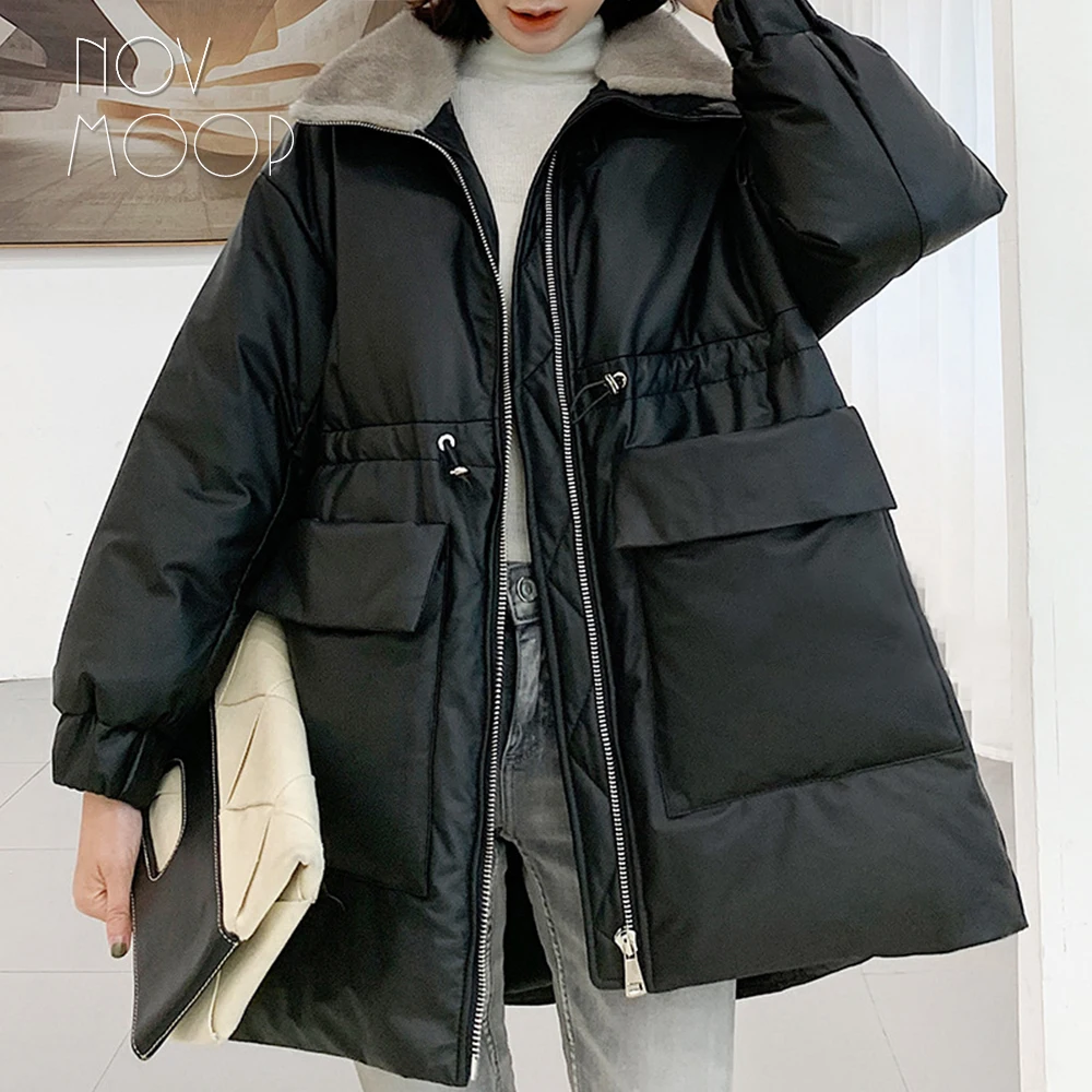 

Novmoop American casual style genuine leather sheepskin women down coat with adjustable waist string big front pocket LT3281