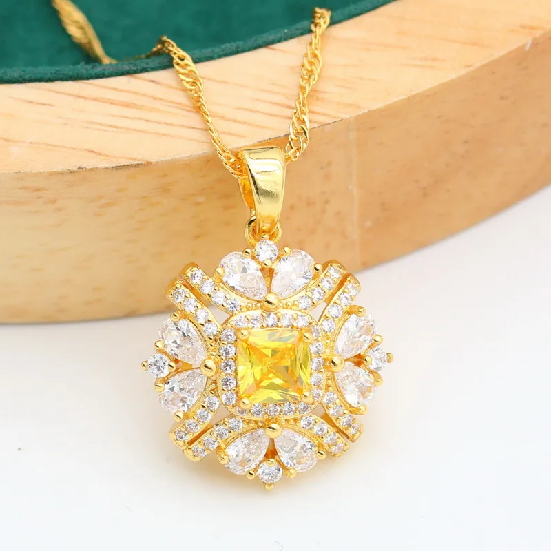 Gold Color Jewelry Sets For Women Wedding Yellow White Blue Crystal Earrings Necklace Pendant Open Ring Christmas Gift Box 3PCS