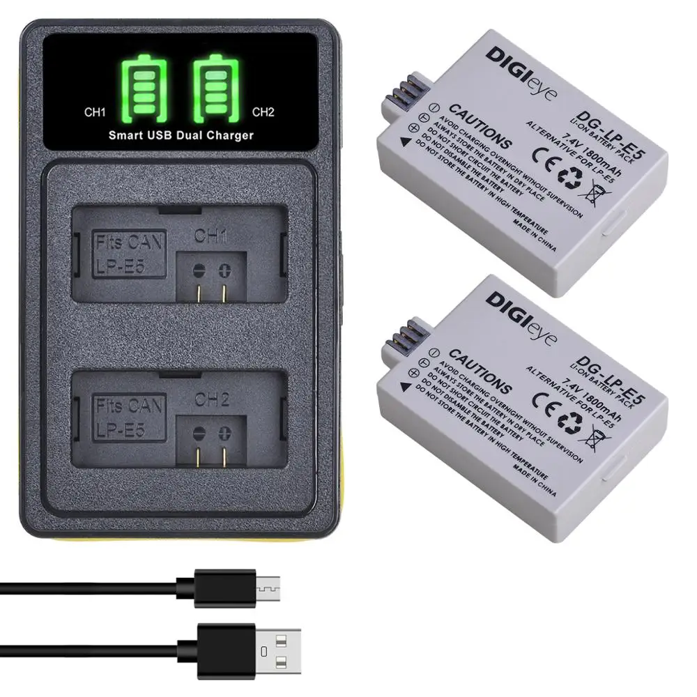 LP-E5 LPE5 Battery&LED Dual Charger for Canon EOS Rebel XS, Rebel T1i, Rebel XSi, 1000D, 500D, 450D, Kiss X3, X2, F