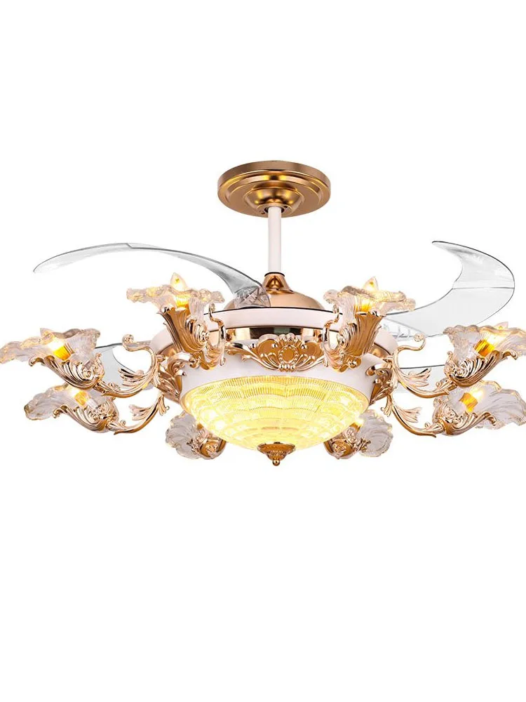 Luxury European style invisible ceiling fan light, living room fan light, golden retro remote control fans with 8 lights