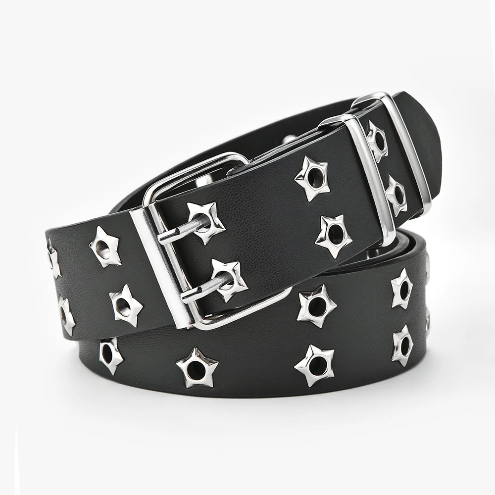 

Fashion Women Punk Chain Pin Belt Adjustable Black Double Single Star Eyelet Grommet Metal Buckle Leather Waistband For Jeans
