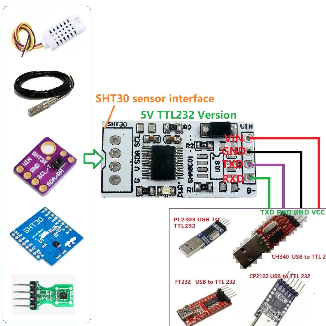 -40-125Celsius  0-100%RH SHT30 SHT3X RS485 TTL232 Modbus Rtu Digital Temperature and Humidity Sensor Module