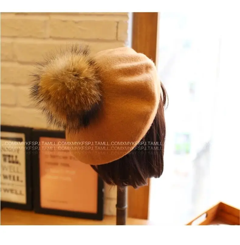 Autumn Winter Kids Warm Wool Girls Berets With Natural Raccoon Fur Pompom Hat For Women