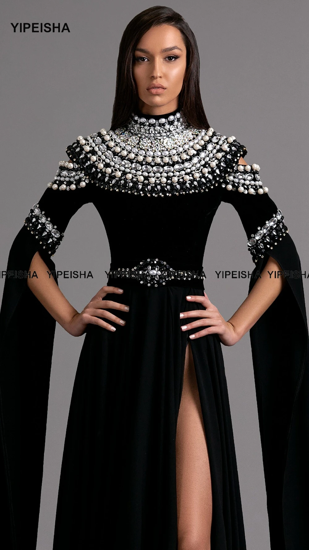 Yipeisha High Neck Black Prom Dress Side Slit Long Sleeves Formal Evening Dresses for Special Occasion Luxury Beaded Customized