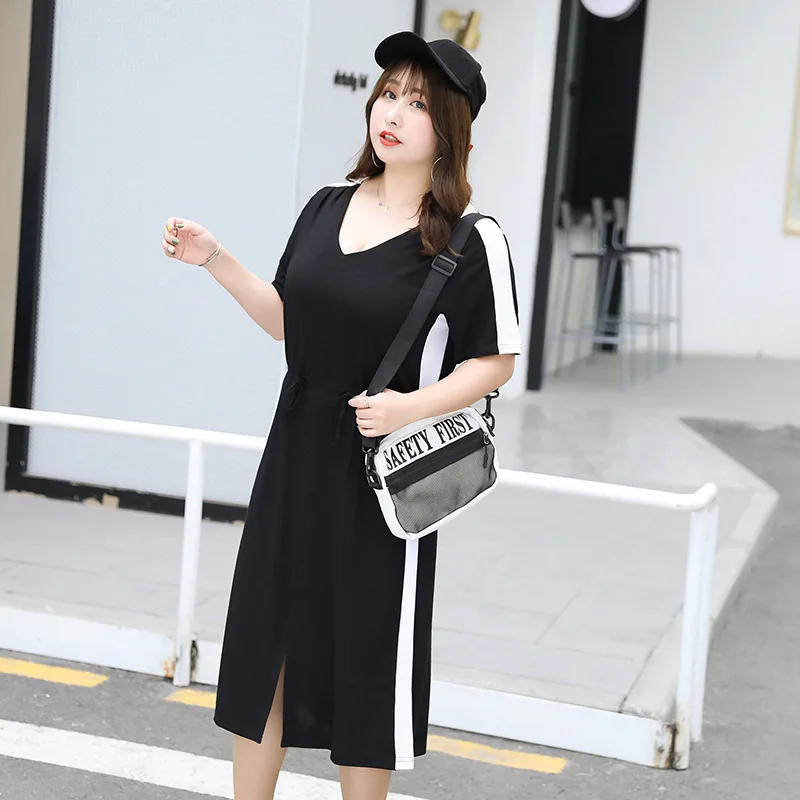 New 2021 summer plus size long dress for women large short sleeve loose elastic stripe V neck dresses belt 4XL 5XL 6XL 7XL 8XL