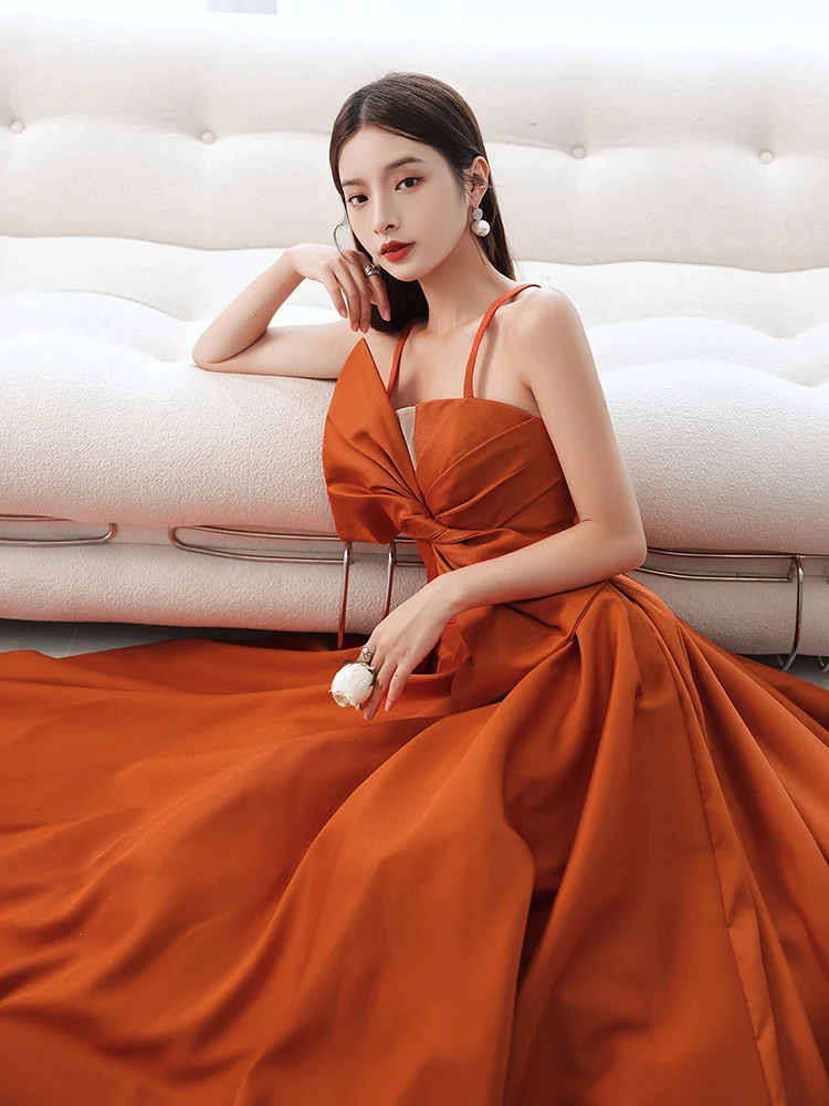 Bow Strapless Host Evening Gowns Women Light Luxury Spaghetti Strap Long Banquet Dress Classic Back Bandage Slim Celebrity Gown