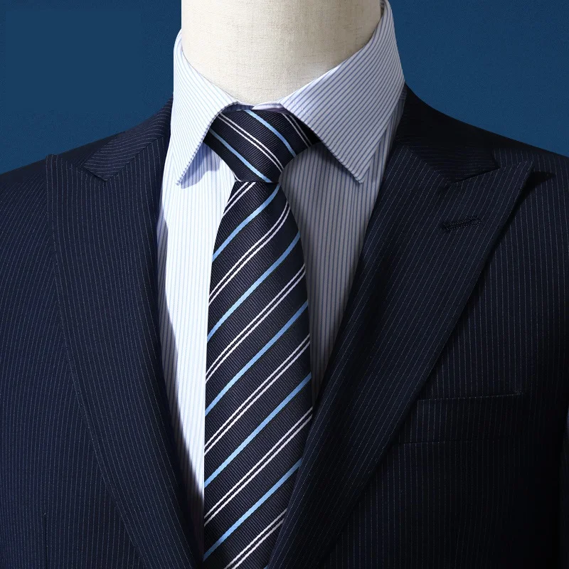 

2024 Brand New Fashion High Quality Men‘s 7CM Striped Blue Zipper Necktie Business Work Formal Suit Neck Tie for Men with Gift