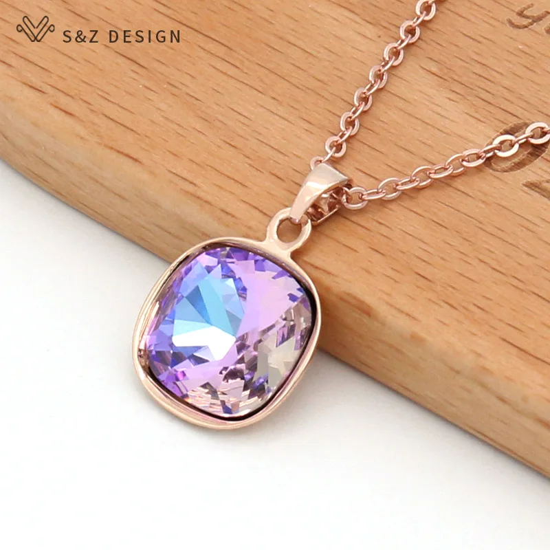 

S&Z DESIGN New Fashion Trendy Square Crystal Pendant Necklace For Women Wedding Party 585 Rose Gold Color Jewelry Gift