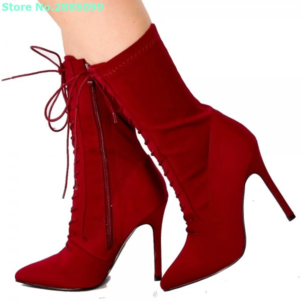 

Red Fall Lace Up Boots Pointy Toe Stiletto High Heel Mid Calf Cross Tied Side Zipper Autume Winter Girls Party Dress Short Boots