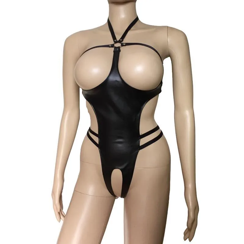 Sexy Women Faux Leather Open Cup Body Harness Teddies Crotchless Bikini Back Bodysuit Mistress Fetish Costume