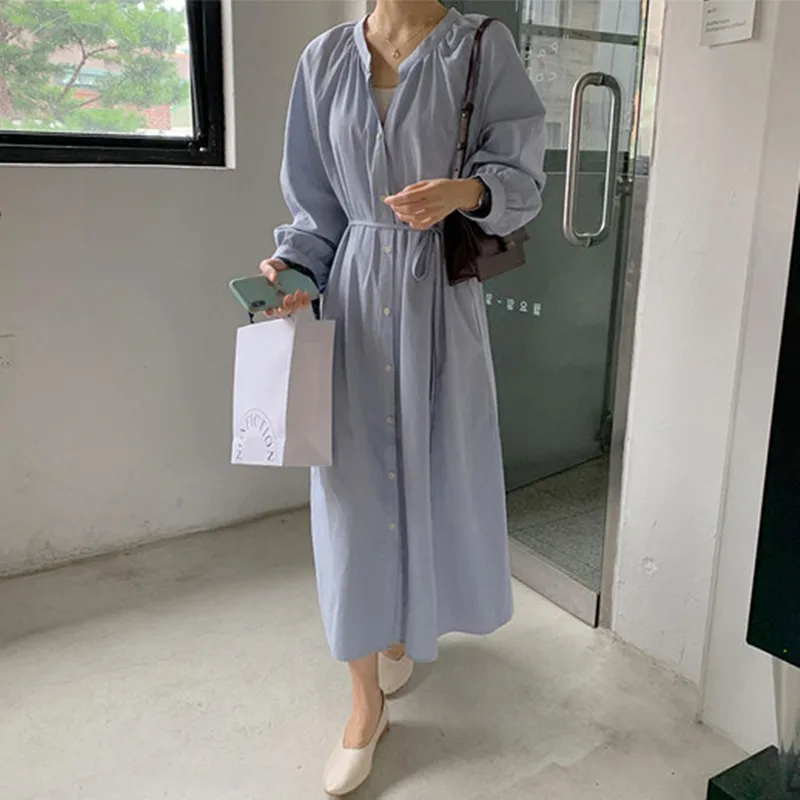 Johnature New Simple Women Dresses 2024 Spring Korean Loose V-neck Solid Color Tie Single-breasted Female Dress