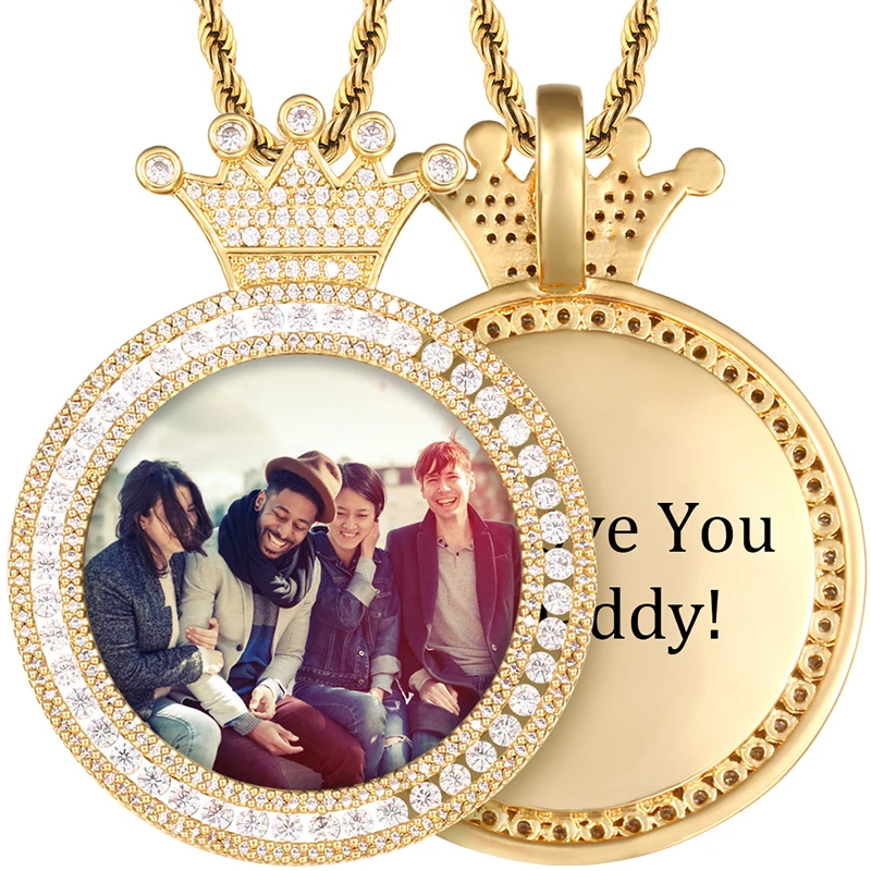 Round Crown Zircon Custom Photo Pendant Chain Men's hip hop Jewelry Necklace Personality Engraved Name Pendant Custom Photo Gift