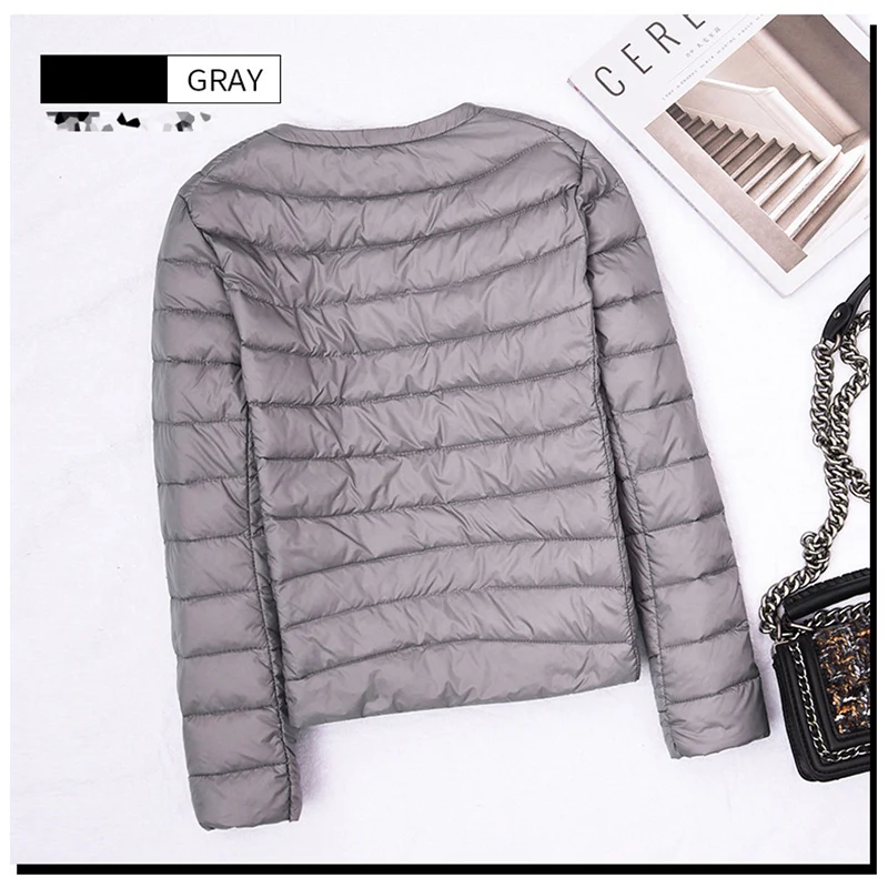 Autumn Winter Thin Women's Down Jacket Warm Collarless Liner Short Large Size Slim Fit Snap Button Long Sleeve Solid color Coat