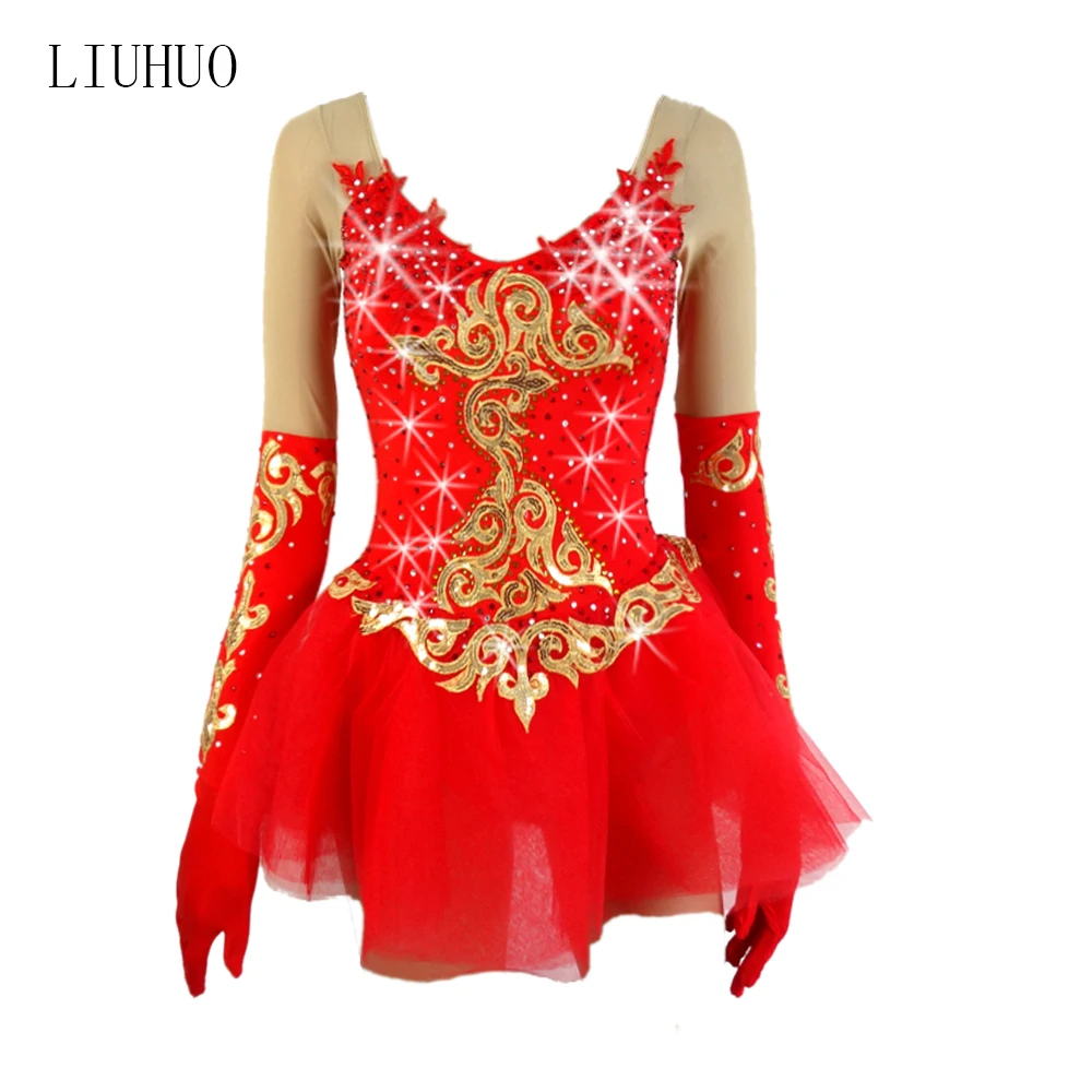 LIUHUO Figure Skating Dress Women Girls Spandex long Sleeves Quality Crystals Diamonds Ice Skating Roller Skating Ballet Dress