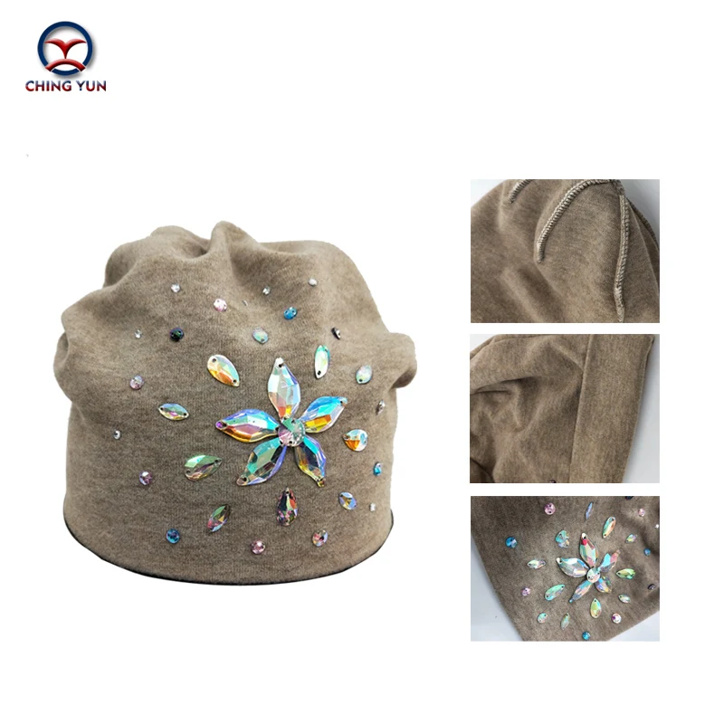 CHING YUN 2019New Fashion  Winter Warm  three colors big Rhinestone  Cute High Quality Wool Female Hat Solid Color Knitted Hat