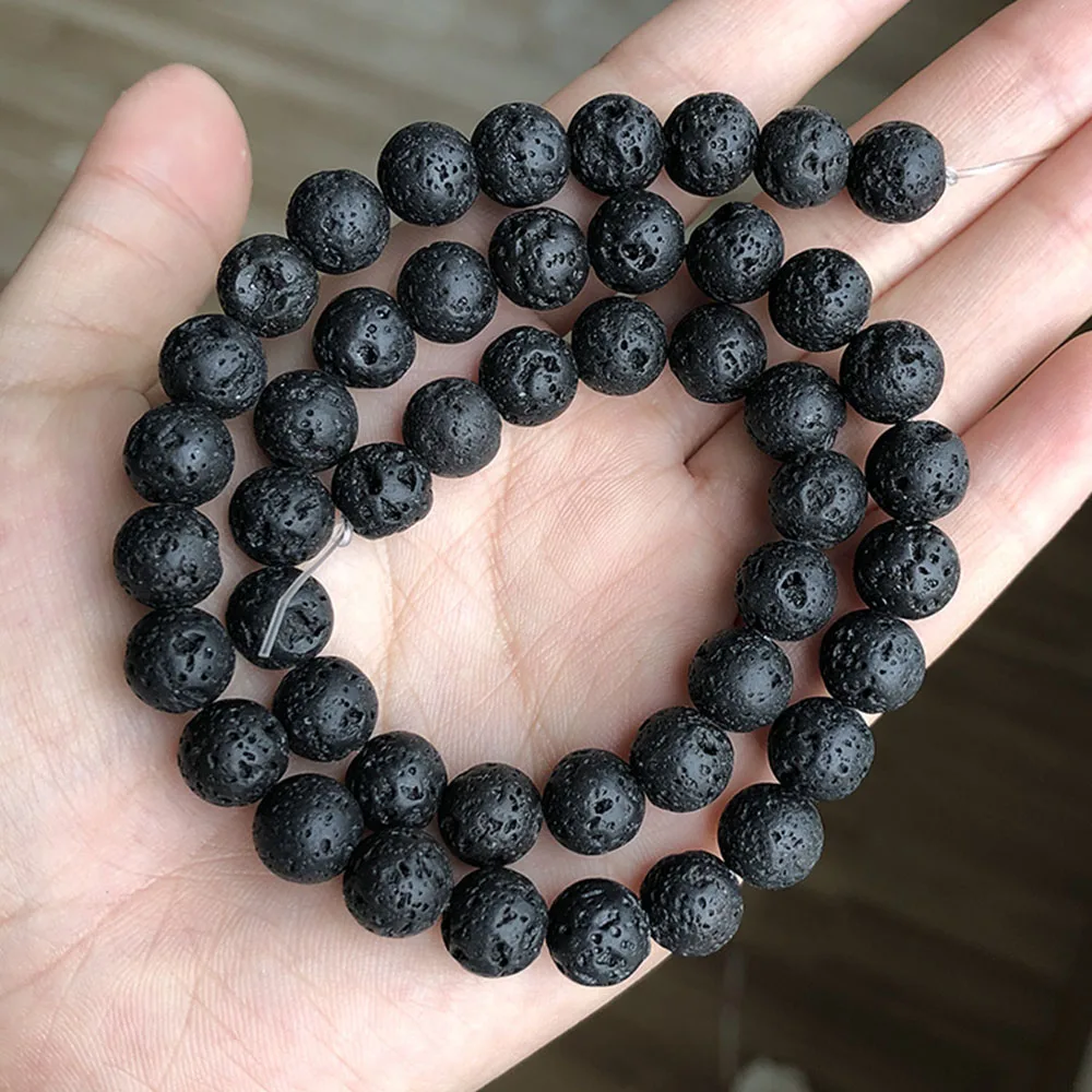 Natural Black Volcanic Lava Stone Beads Round Volcanic-Stone Spacer bead For Jewelry 4/6/8/10/12mm DIY Men Bracelet Necklace