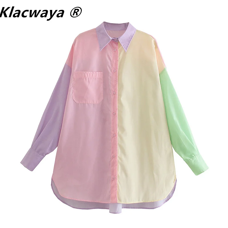 

Klacwaya Women 2021 Sweet Candy Color Patchwork Oversize Shirts Female Long Sleeve Single Pocket Blouse Roupas Chic Blusas Tops