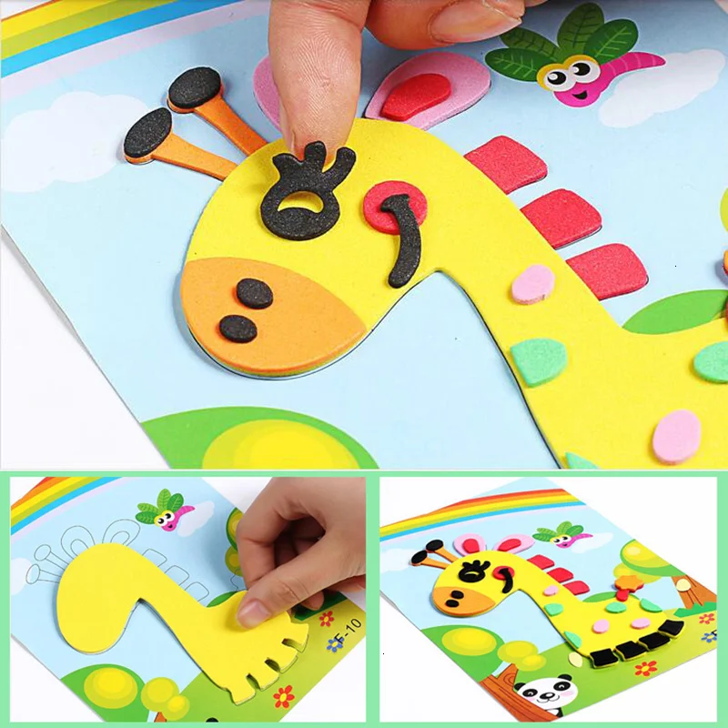 10 Uds DIY creativo Animal de dibujos animados 3D pegatina de espuma EVA rompecabezas 20 estilos hechos a mano juguetes educativos de Aprendizaje