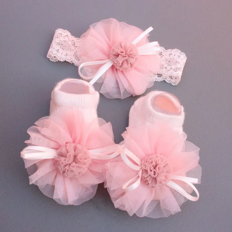 2 Pcs/Set Elastic Bab Headband Socks Set Lace Flower Newborn Girl Short Socks Bow Crown Infant Baby Turban Hairband