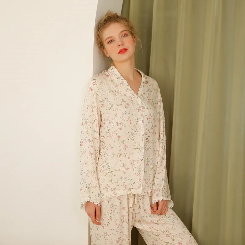 Viscose Fashion Pajama Sets For Women Casual Long Sleeve Floral Print Sleepwear Spring Autumn Loose Home Clothes