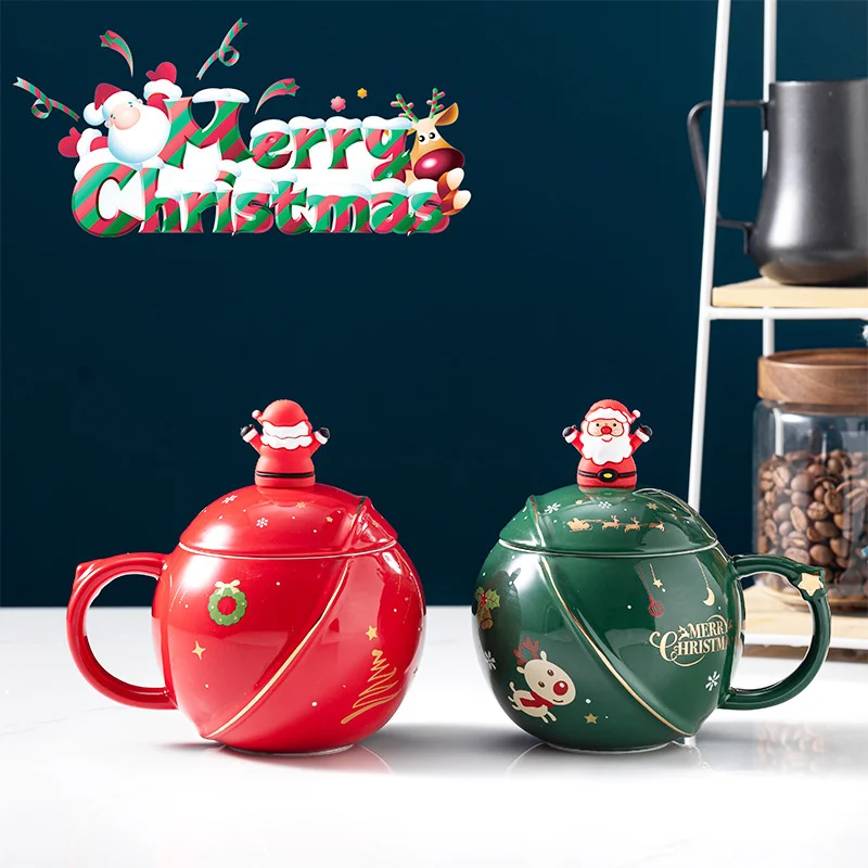 

Creative Christmas Cup Cartoon Ceramic Mug With Lid Spoon Large Capacity Couple Coffee Cup Gift Cup