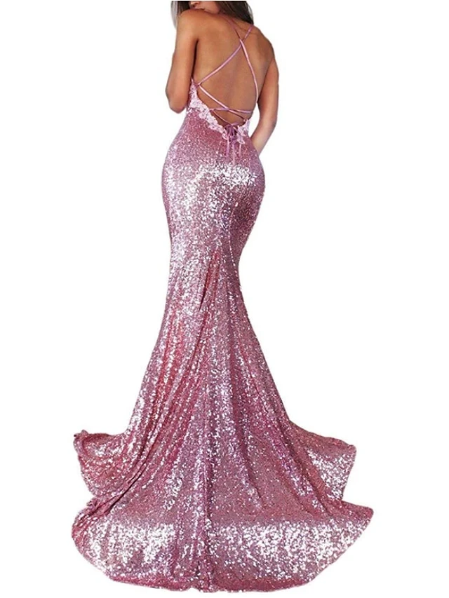 Sexy Shinny Mermaid Sequin Prom Dresses V Neck Lace Appliques Sleeveless Long Evening Formal Gown 2023 Robe De Soriee