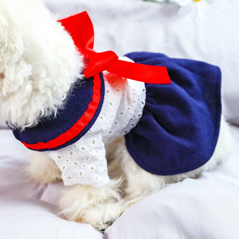 Pet Clothes Cute Red Big Bow Sailor Dress for Pet Dog Cat Spring Summer Birthday Princess Skirt Puppy Kitten Hollow Out Dress