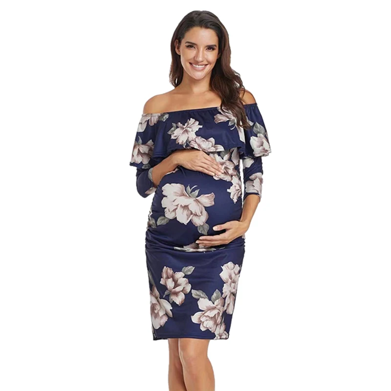 

Cotton Nursing Maternity Flower Dresses Off Shoulder Pregnancy Ruffle Shoulderless Women Bodycon Dress Summer Pregnant