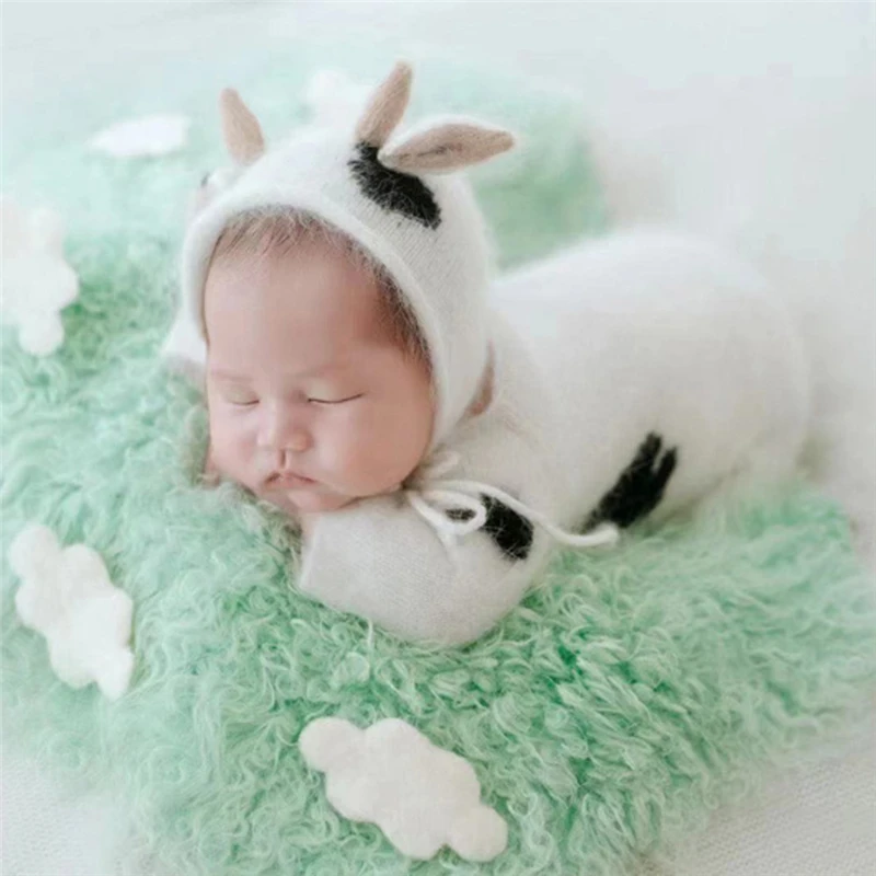 Cute Newborn Animal Rompers Photography Clothing Mohair Knitted Cow Hat Doll 3pcs Sets Infant Baby Photo Costumes Jumpsuit