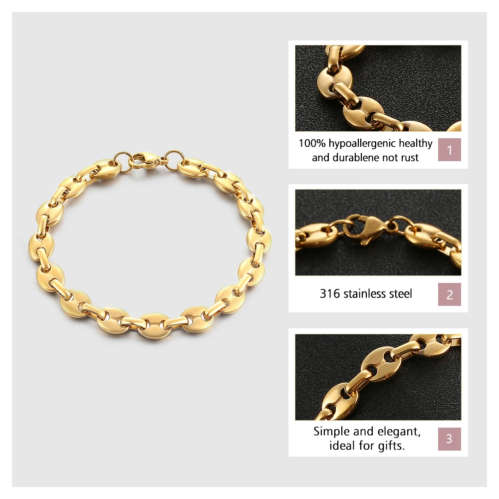 Koffieboon Ketting Armband Mannen Hip Hop Sieraden 6Mm 9Mm 11Mm Rvs Goud Kleur Kettingen Armbanden voor Vrouwen Accessoires