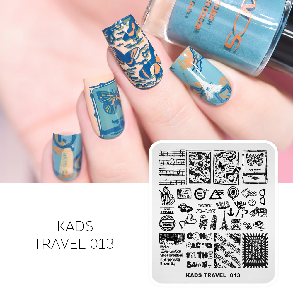 KADS Nail Art Stamping Plates Travel 013 Stainless Steel Stamp Plate Happy Music Butterfly Book Design Letter Printing Stencil