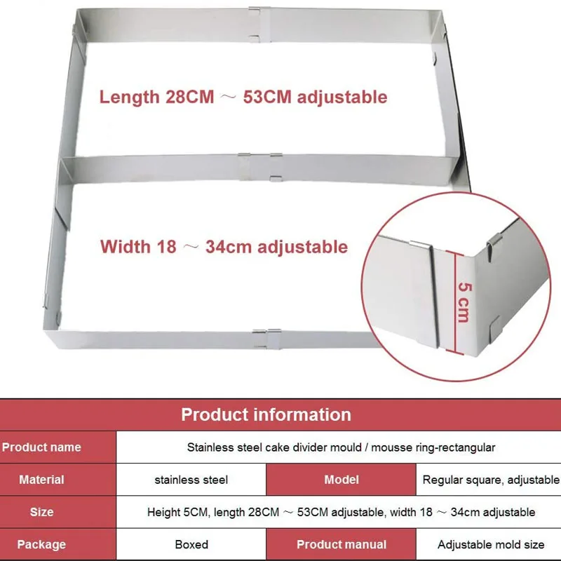 Rectangular Adjustable Baking Frame with Dividers Cake Ring Adjustable Baking Mould Rectangular Baking Tray Extendible Baking