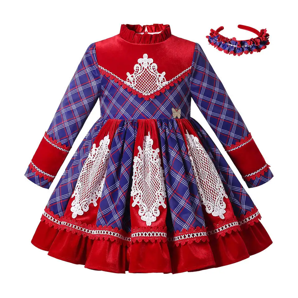 Pettigirl Christmas Children Red Plaid Lace Party Princess Birthday Dresses for Baby Girls Clothing Age 2345681012Y Hairband