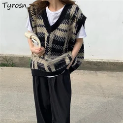 Women Plaid Sweater Vests Harajuku Loose Streetwear Casual V Neck Ulzzang Vintage Leisure Students All Match Spring Autumn Ins