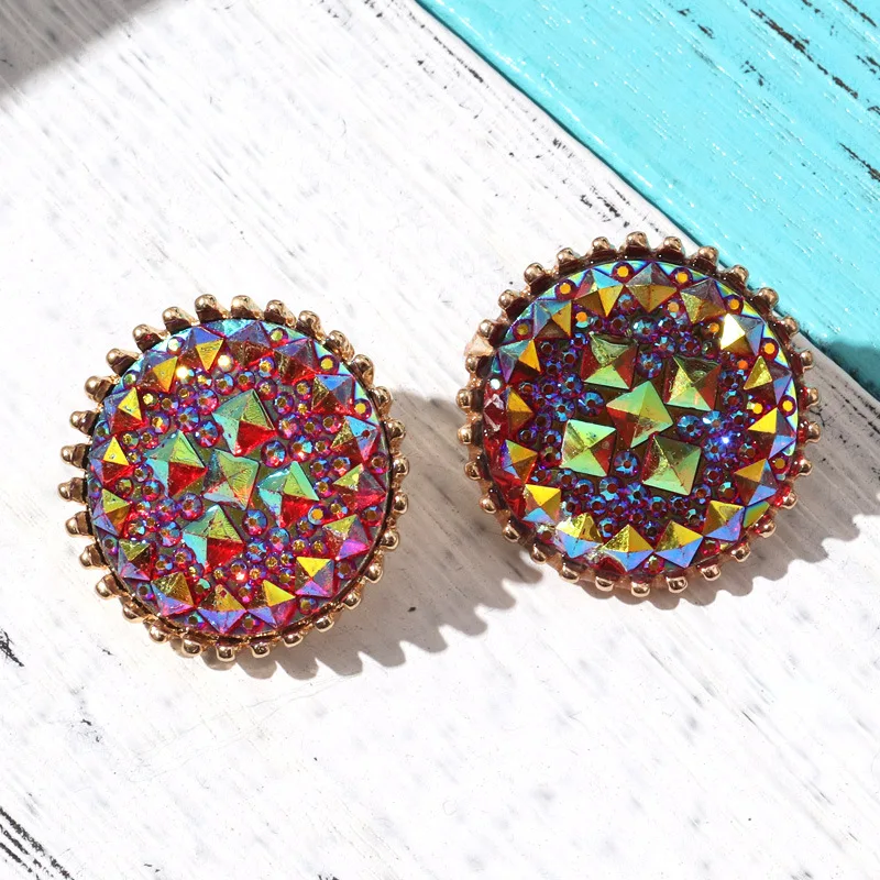 2021 New Vintage Square Pave AB Crystal Jewelry Multicolor Roung Stud Earring for Women