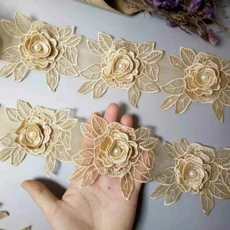 3 yard Gold Polyester Rose Flower Handmade Embroidered Fabric Lace Trim Applique Ribbon DIY Sewing Craft Decoration 10cm