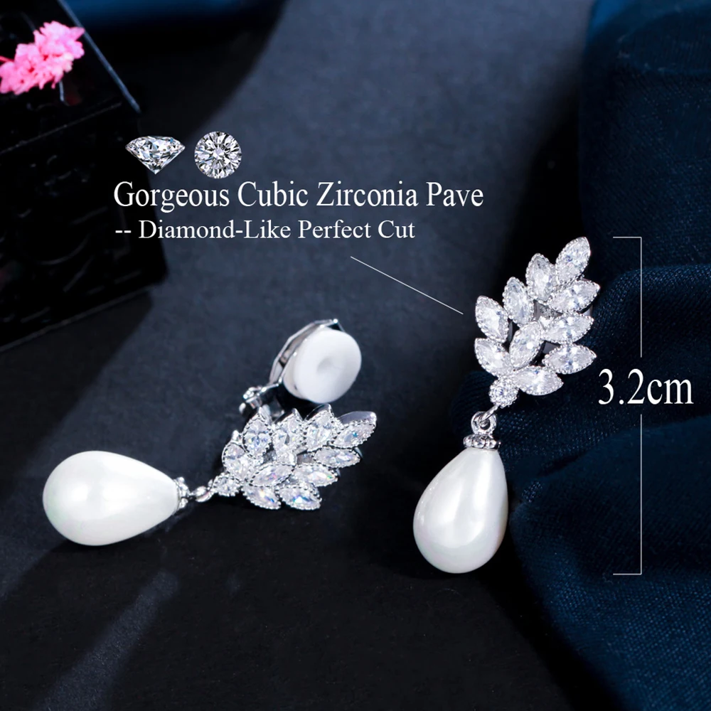 BeaQueen Elegant White CZ Crystal Leaf Water Drop Pearl No Hole Clip On Earrings Without Piercing Ear Women Wedding Jewelry E436