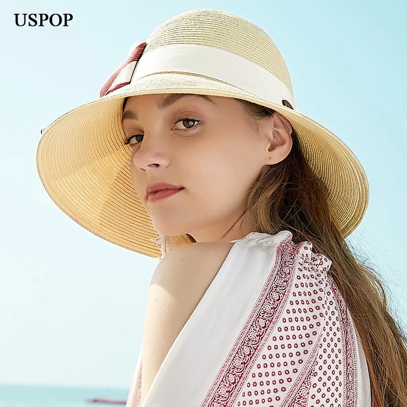 

USPOP 2022 Straw Hats Spring Summer Sun Hats Women Striped ribbon Bow Straw Beach Hat Casual Anti-UV Sun Shade