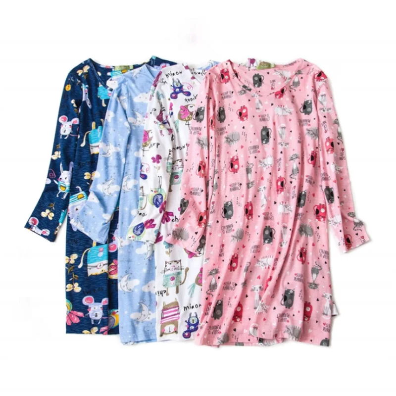 

Knitted Cotton Women Plus Size Lingere Nightgown Loose Nightdress Long Sleeve Night Gown Cute Cartoon Home Dress Sexy Sleepwear
